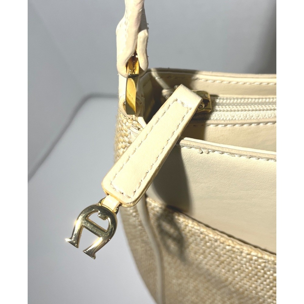 Etienne Aigner Shoulder Bag Women Medium Cream Straw Leather Logo Vintage Summer - Picture 3 of 16